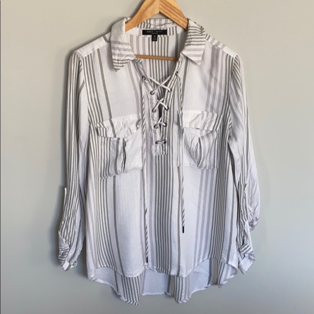 Green, taupe, white striped lace up shirt